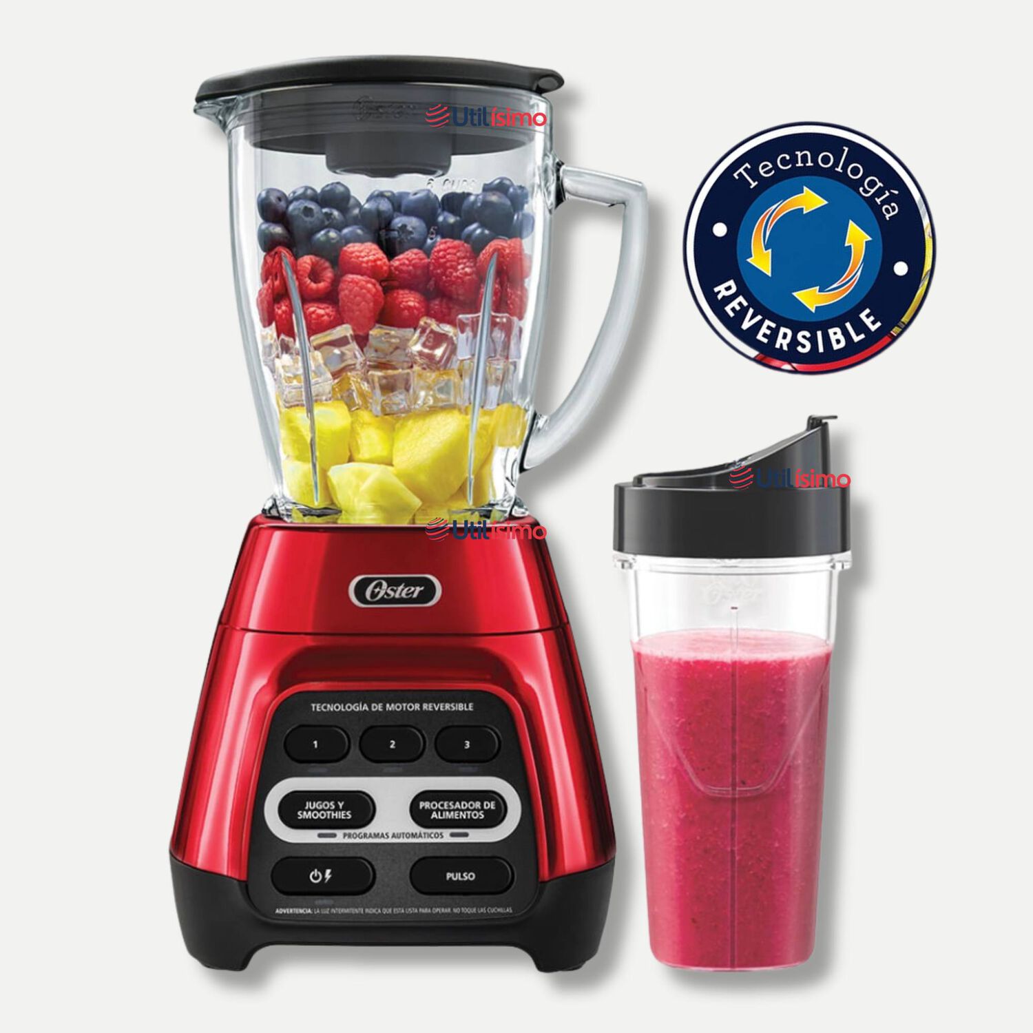 Licuadora Oster Roja Con Programas Automáticos, Tecnología Reversible Y Vaso Blend-n-go Blstpyg1310rbg