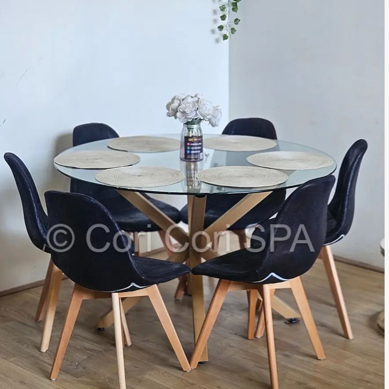 Comedor Warwick 120cm + 6 Sillas Capitonne Ecocuero Vintage Negro image number 0.0