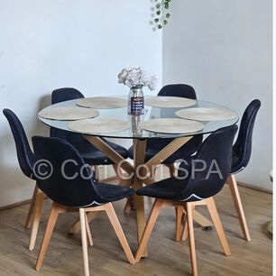 Comedor Warwick 120cm + 6 Sillas Capitonne Ecocuero Vintage Negro