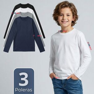 Pack 3 Poleras Camisetas Polar Primera Capa Cuello Redondo Manga Larga Colores Surtido Ni&ntilde;o