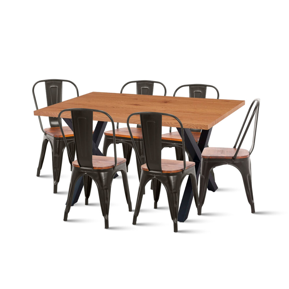 Comedor Color Madera Y Metal Cross 140x90 + 6 Sillas Tolix Con Asiento De Madera Oscura - Negras image number 0.0