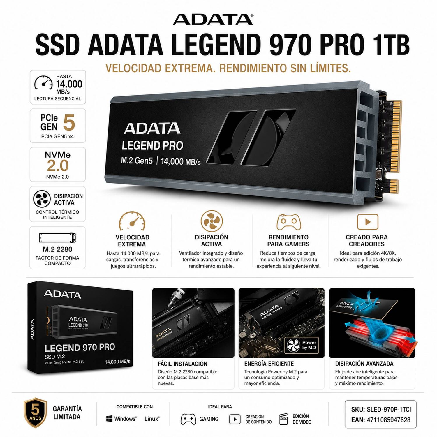 Disco Solido Ssd 1tb M.2 2280 Legend 970 Pro Gen5 14000 Mb/s image number 1.0
