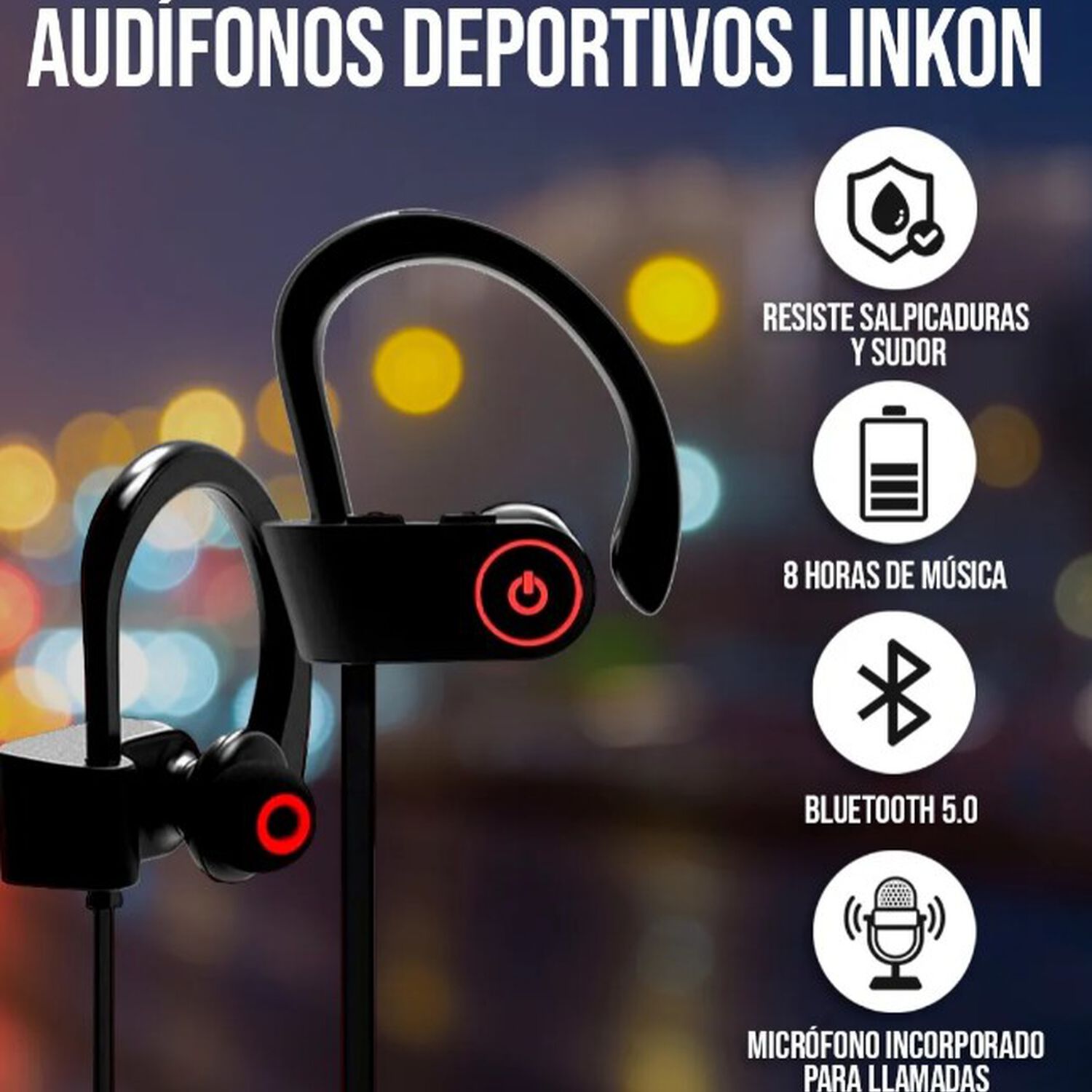 Audifonos Deportivos Inalambricos Bluetooth Microfono Color Negro Linkon image number 1.0