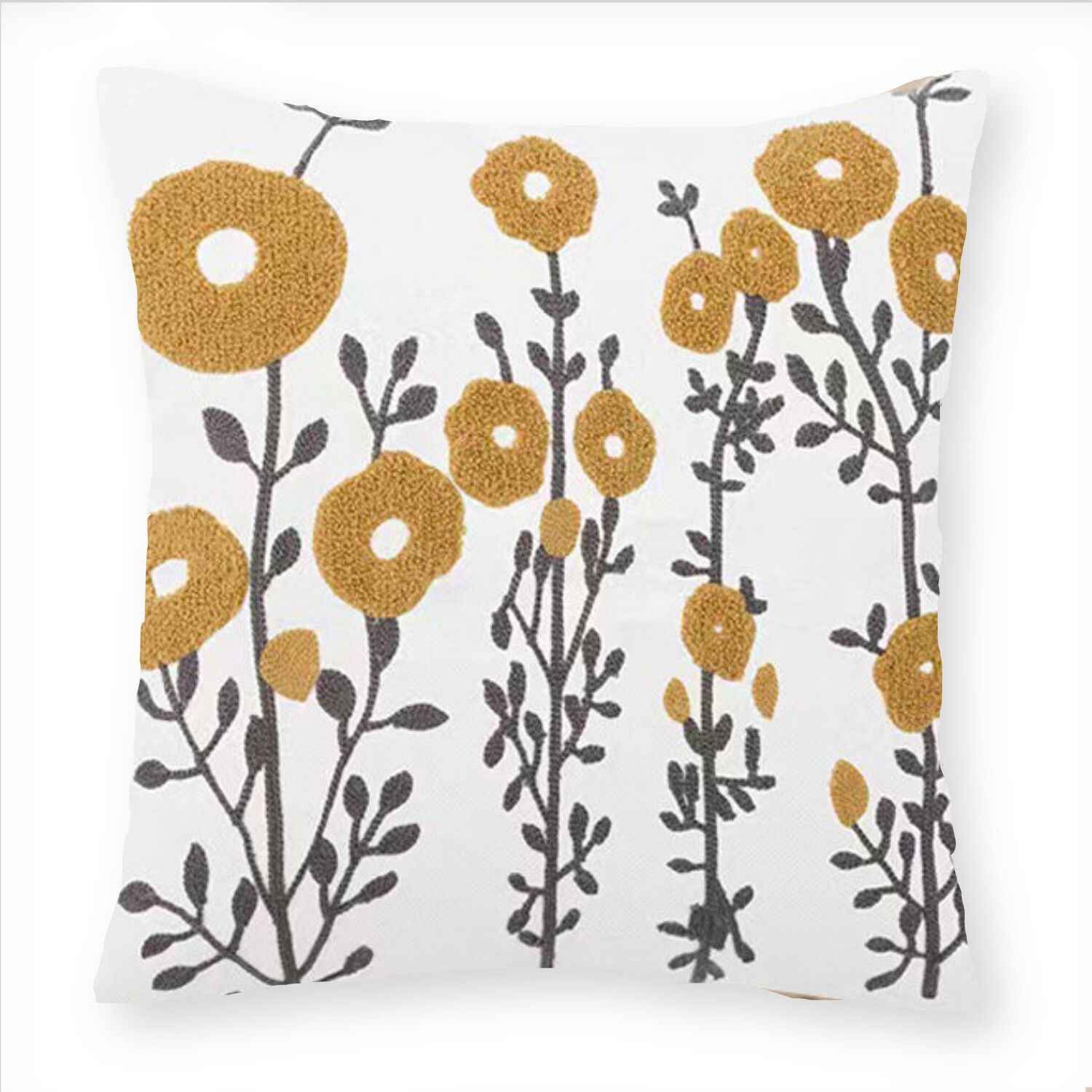 Funda Cojin Bordada 45x45 Cm Flor Gris Mostaza image number 0.0