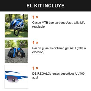 Kit Ciclista Casco Mtb Azul + Guantes Gel Dedos Cortos Azul S