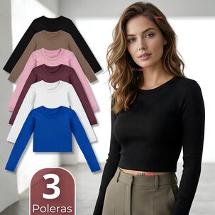 Pack 3 Camiseta Polar Manga Larga Polera Tela Acanalada Colores Surtidos