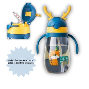 Botella Pl&aacute;stica 480 Ml Con Bombilla Y Orejitas Kawai Sin Bpa Ni&ntilde;os Tiger With Handles