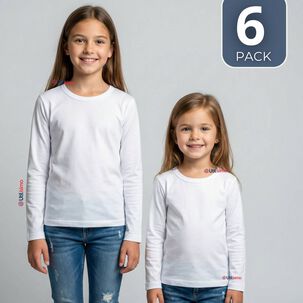 Pack 6 Camisetas Algod&oacute;n Manga Larga Polera Primera Capa Blanco Ni&ntilde;a