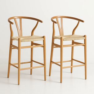 Pack De 2 Taburetes Wishbone Madera Y Hilo De Cuerda - Natural