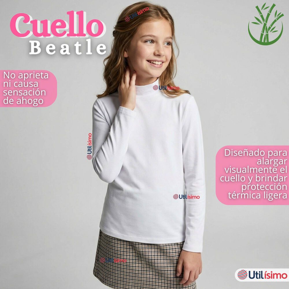 Pack 3 Poleras Camisetas Bamb&uacute; Blancas Cuello Beatle Primera Capa Manga Larga Ni&ntilde;a image number 7.0