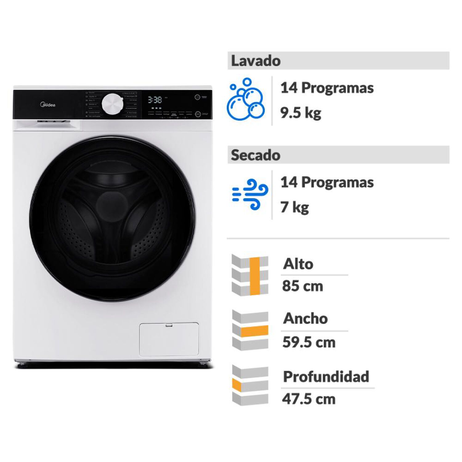 Lavadora Secadora Midea MLSF-095B/W / 9.5 Kg / 7 Kg image number 1.0