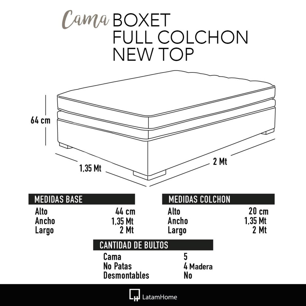 Cama Funcional Boxet Full 1.35 Mt Colchon Resortes New Top Funda Lavable Beige image number 5.0