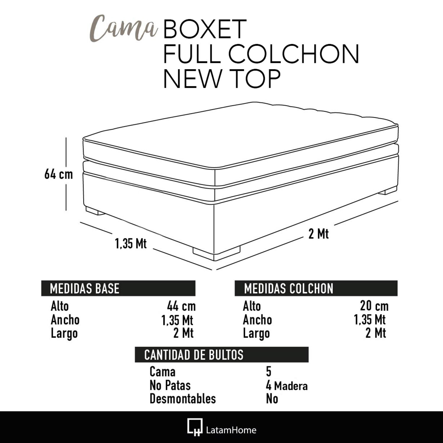 Cama Funcional Boxet Full 1.35 Mt Colchon Resortes New Top Funda Lavable Beige image number 5.0