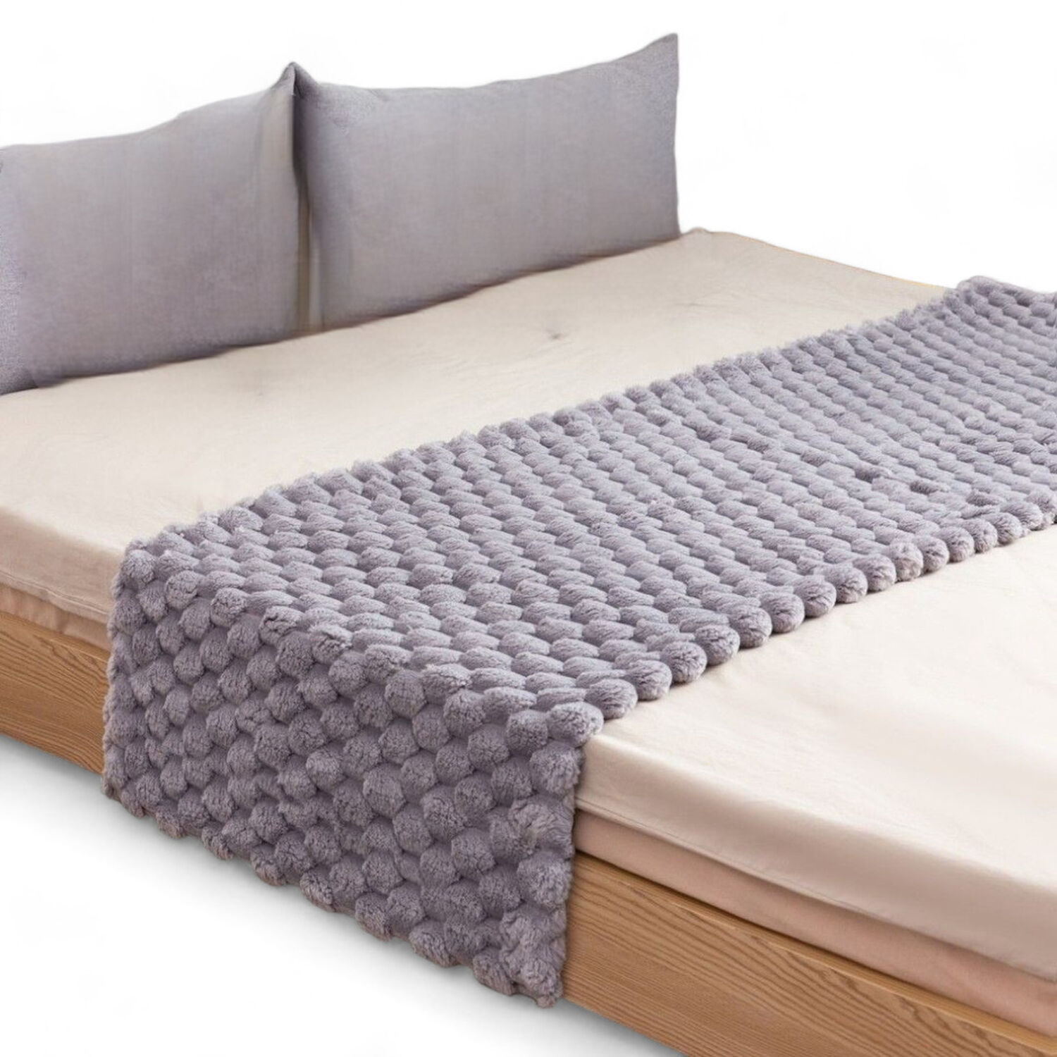 Pie De Cama Piecera Peludita Pompones 2 Plazas O King Medida 70cm X 190cm Color Gris image number 0.0