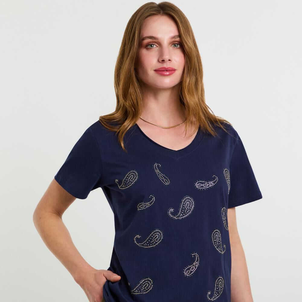 Polera Lisa Con Estampado Manga Corta Cuello V Mujer Lesage image number 4.0