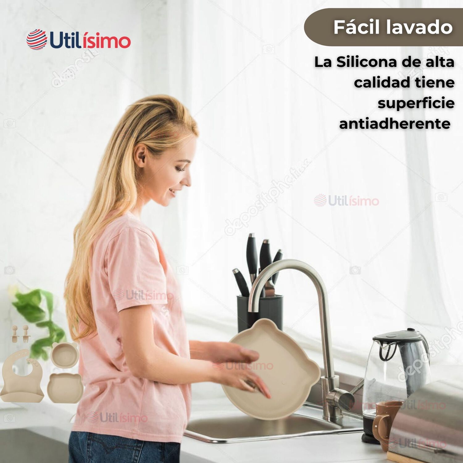 Set De Alimentaci&oacute;n Beb&eacute; Silicona 5 Piezas De Osito Libre Bpa Color Beige image number 5.0