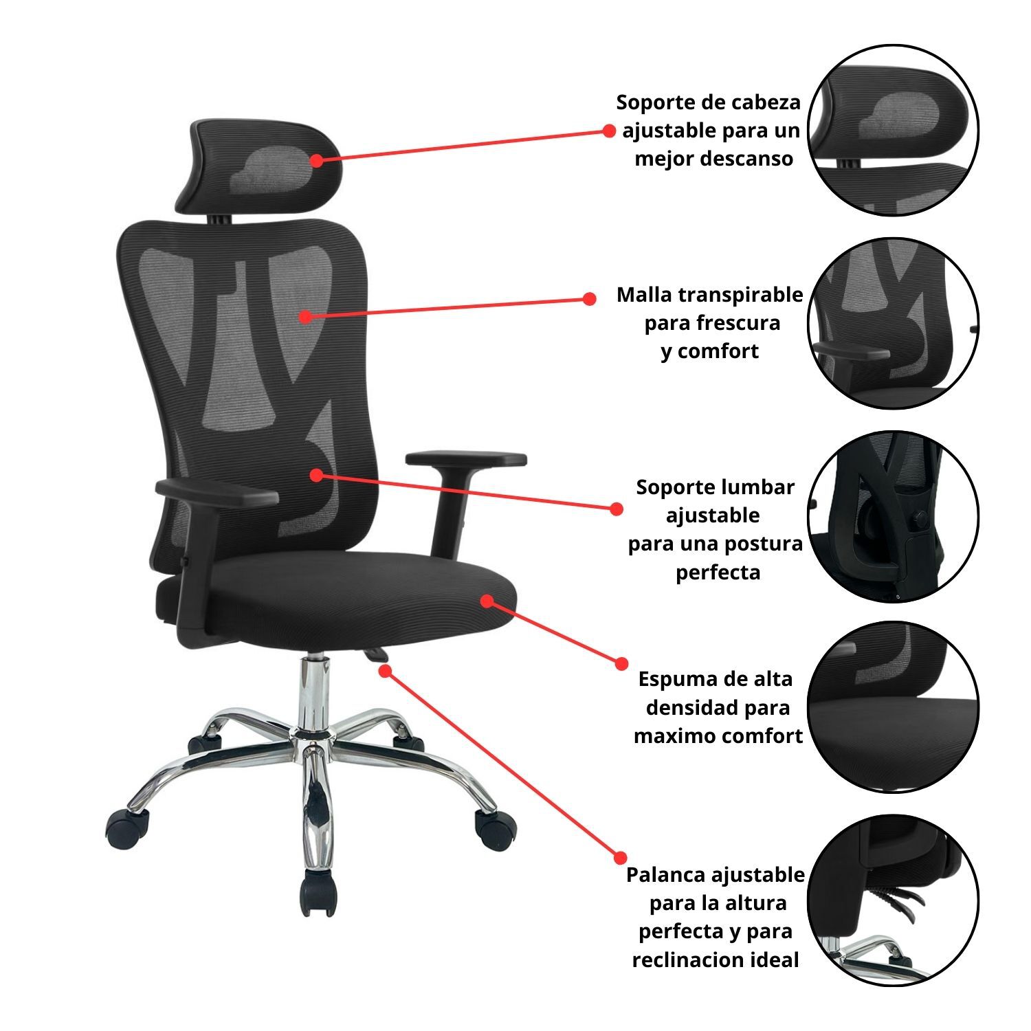 Silla Escritorio Ergon&oacute;mica Energy Pro Negra image number 2.0