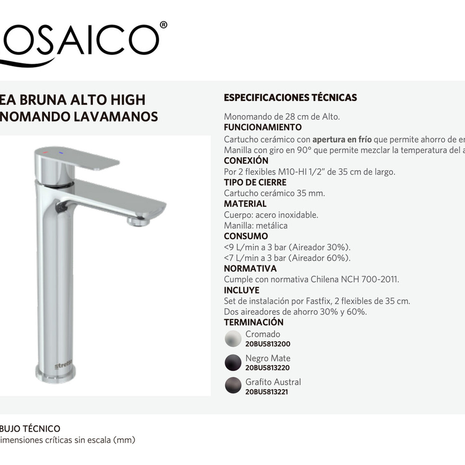 Monomando Lavatorio Llave Modelo Bruna Alto High Stretto Acabado Cromado Color Cromo image number 2.0