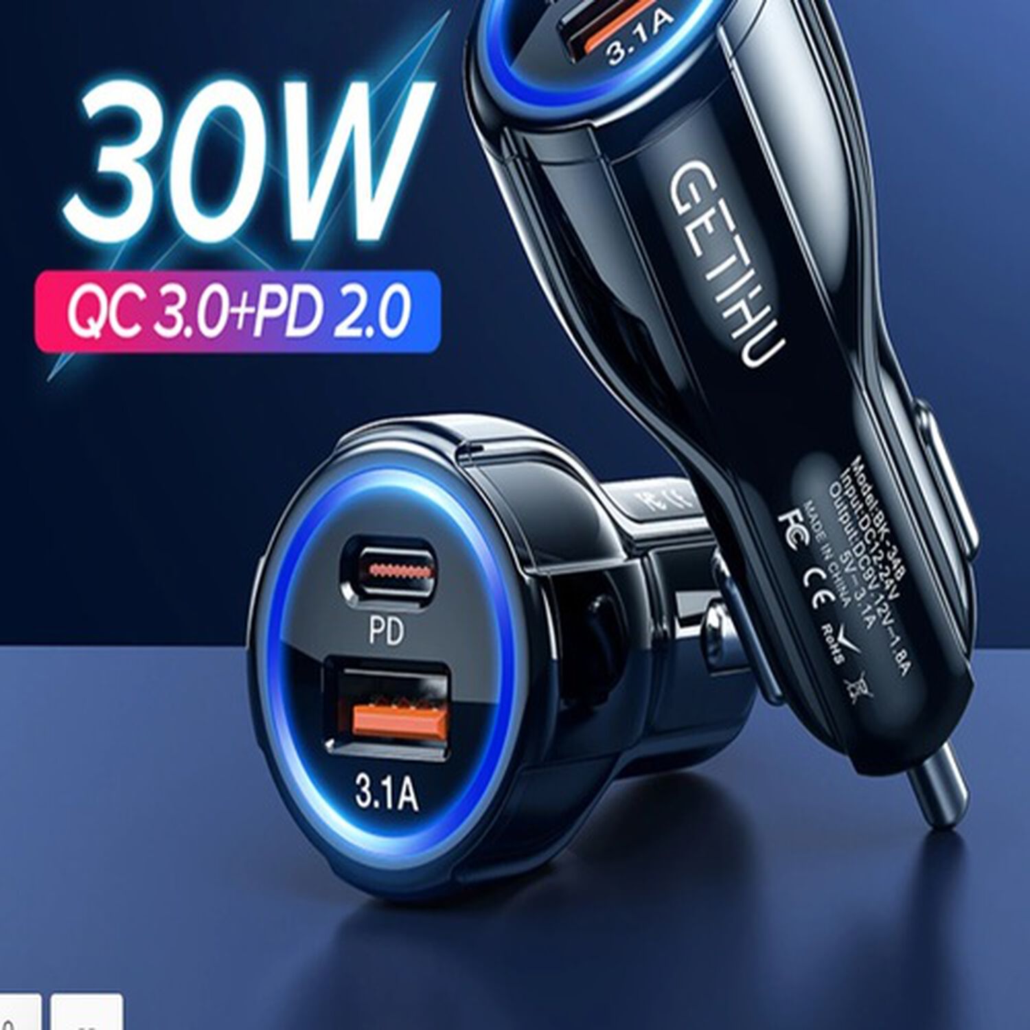 Cargador De Celular Auto Tipo C Carga Rapida 3.1 Amp Y Usb 30w 2 En 1 image number 1.0