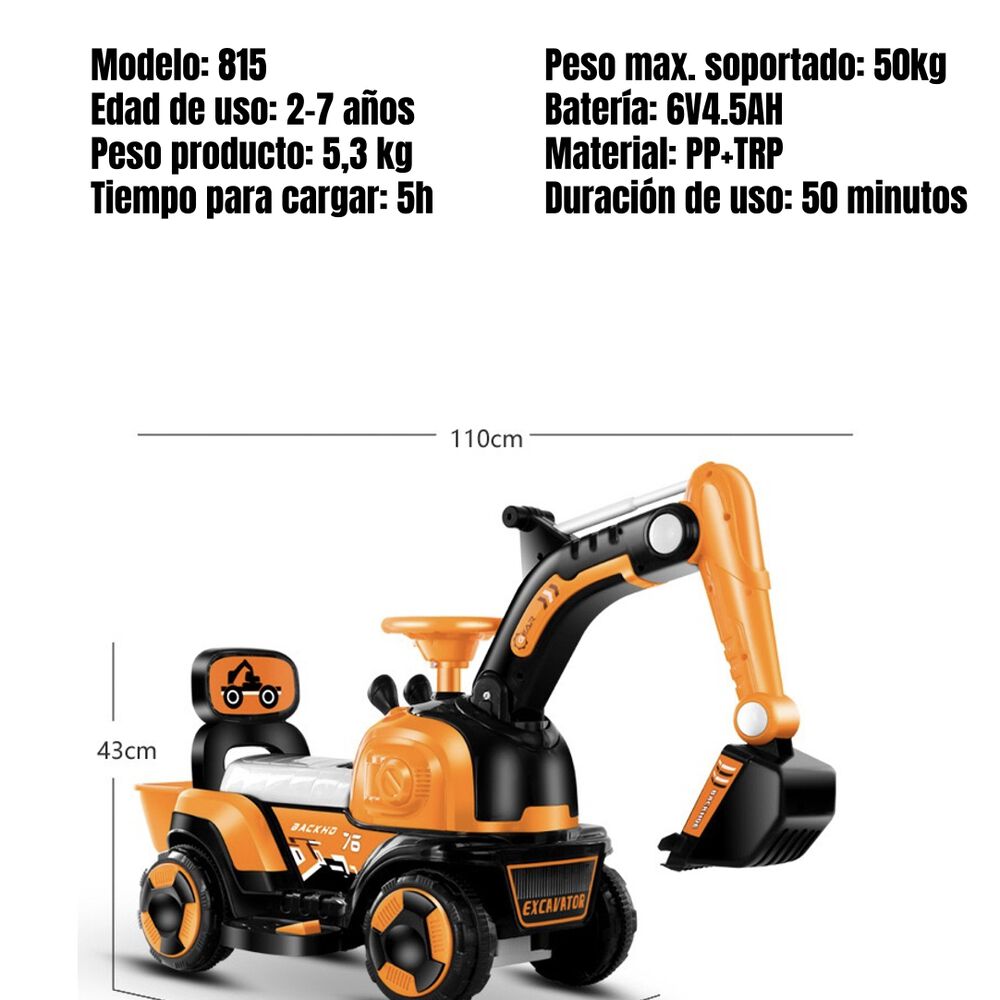 Excavadora Eléctrica Montable Luces Música Lubabycas Naranja image number 4.0