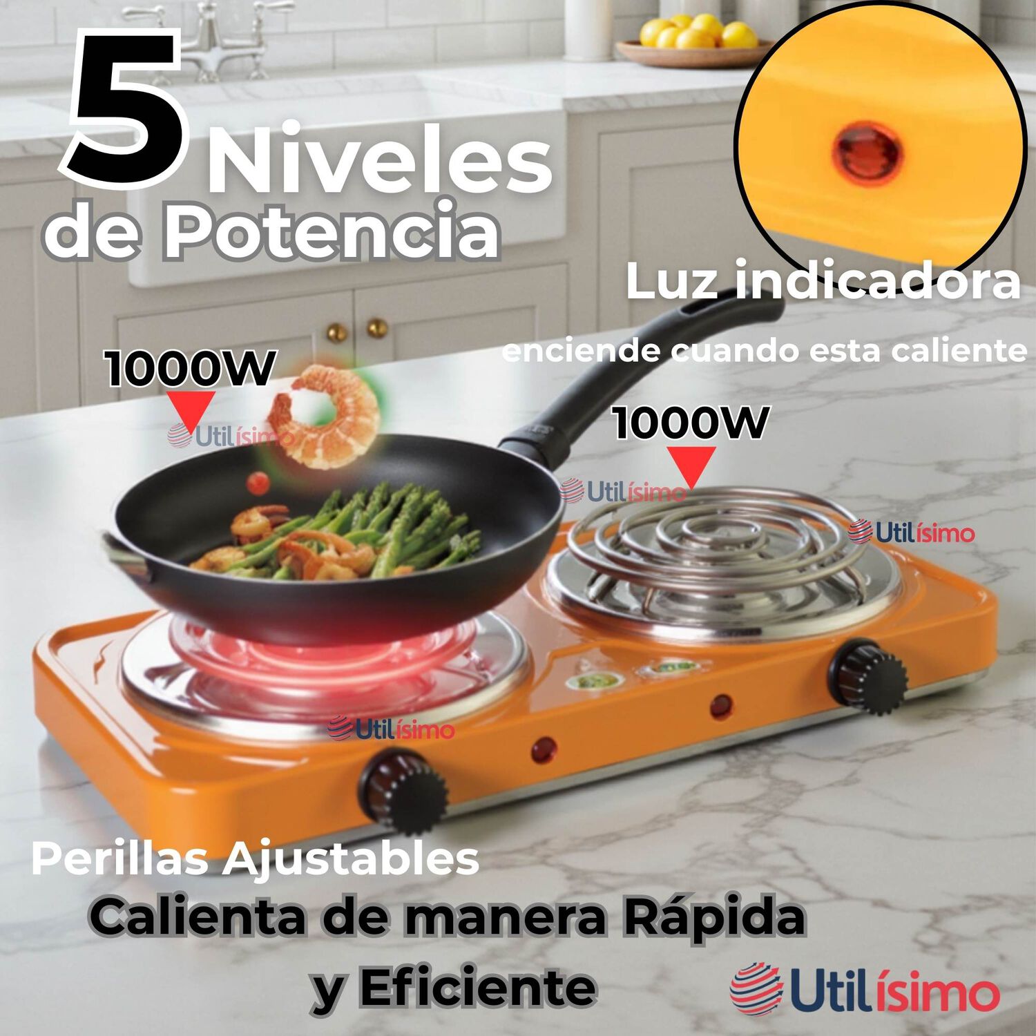 Cocina El&eacute;ctrica 2 Platos 2000w Cocinilla Port&aacute;til Naranja image number 5.0