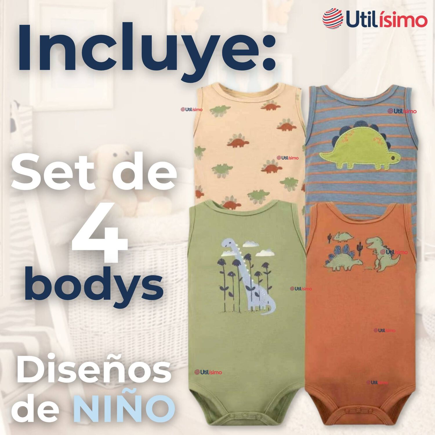 Pack 4 Bodys Ni&ntilde;o Sin Manga Tedmimak 100% Algod&oacute;n Baby Dino image number 1.0