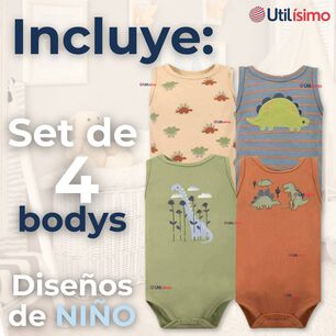 Pack 4 Bodys Ni&ntilde;o Sin Manga Tedmimak 100% Algod&oacute;n Baby Dino