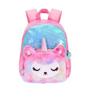 Mochila Escolar Unicornio Felpa Brillos Lentejuelas