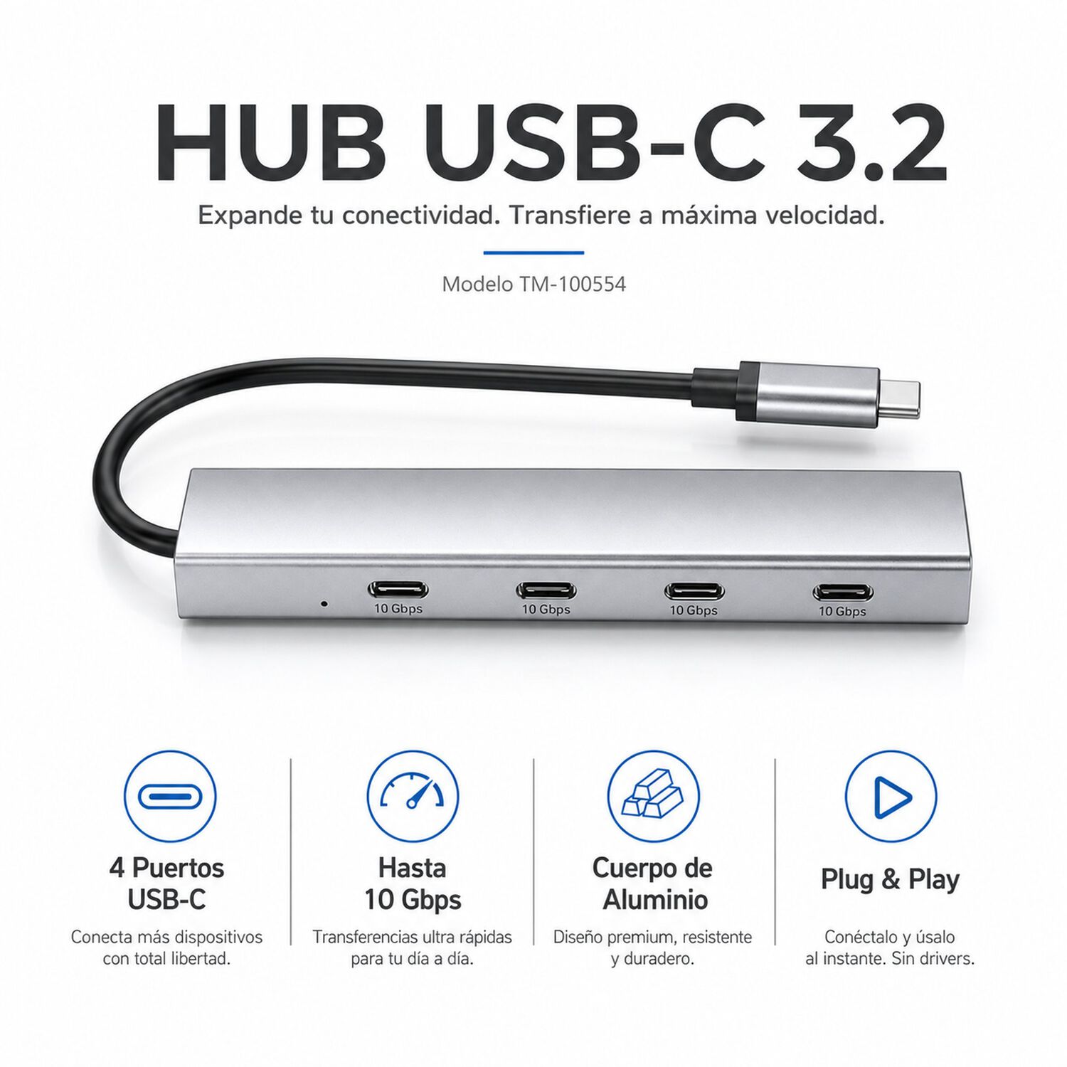 Hub Usb-c 3.2 De Aluminio Con 4 Puertos Usb-c De 10 Gbps image number 3.0