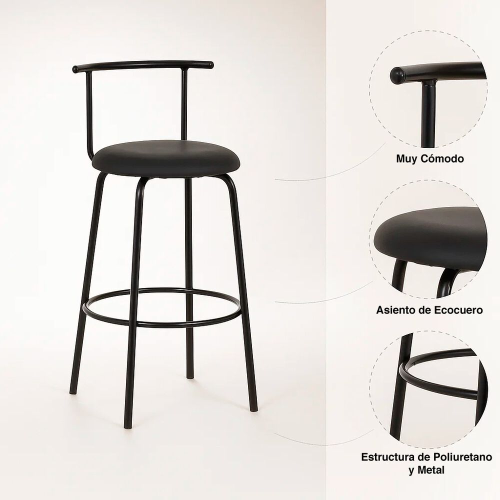 Pack De 2 Taburetes Altos Oslo Metal Y Cuero Sint&eacute;tico - Negro image number 3.0