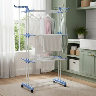 Tendedero De Ropa Plegable Tres Niveles Color Blanco Con Azul