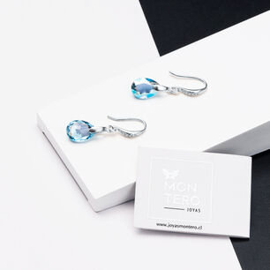 Aros Gota De Luz Plata Italiana 925 Y Cristal Genuino Aquamarine