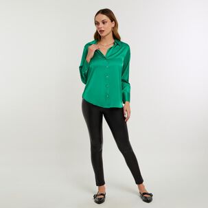 Blusa Lisa Satín Manga Larga Cuello Camisero Mujer Kimera