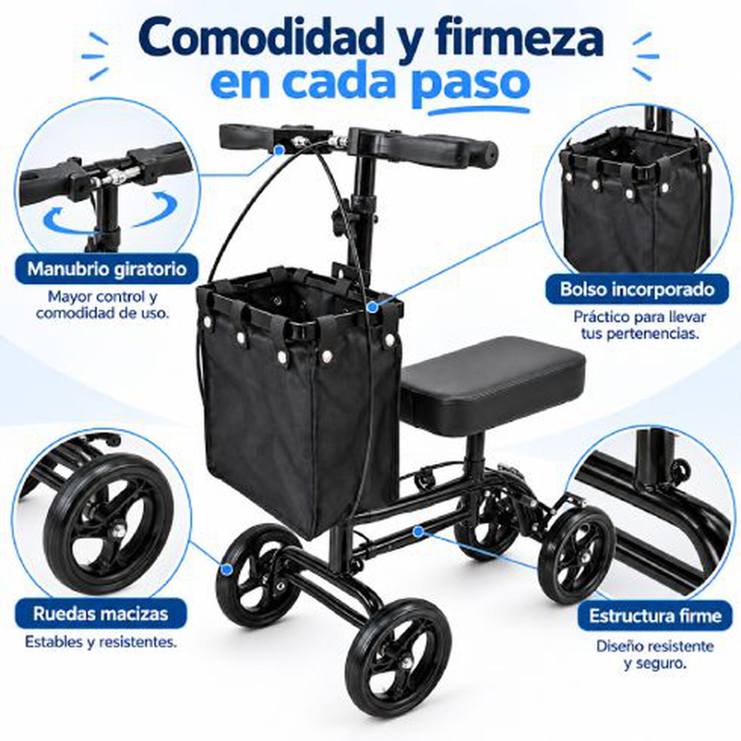 Andador De Rodilla Scooter Ortop&eacute;dico Oneder 9007ab Plegable Con Freno De Mano Y Bolso Negro image number 1.0