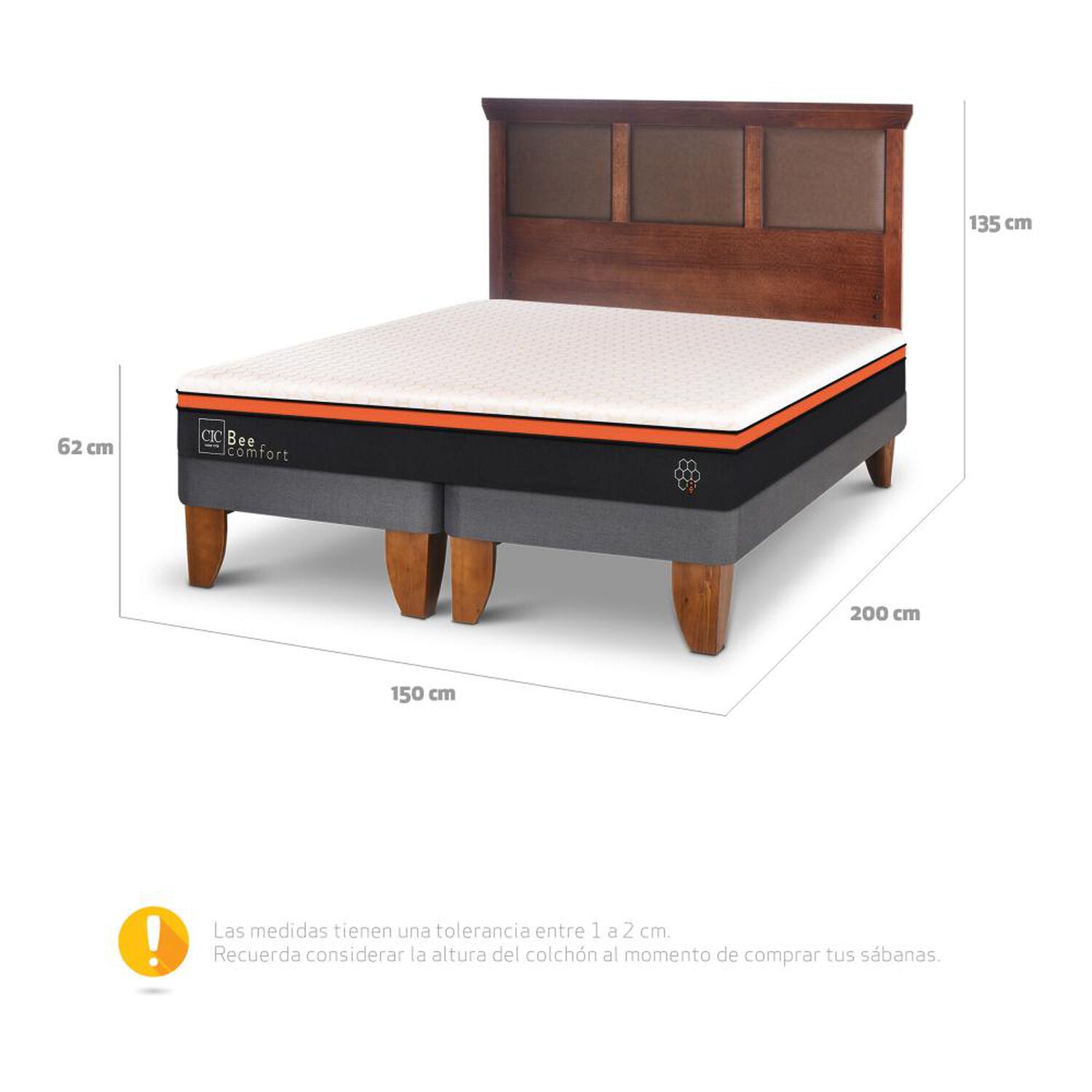 Cama Europea Cic Bee Comfort / 2 Plazas / Base Dividida + Respaldo image number 2.0
