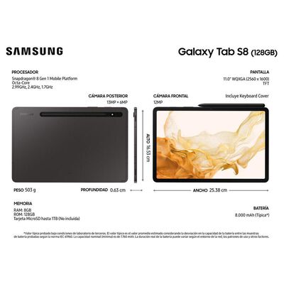 Tablet 11" Samsung GALAXY TAB S8 + KEYBOARD COVER / 8 GB RAM /  128 GB