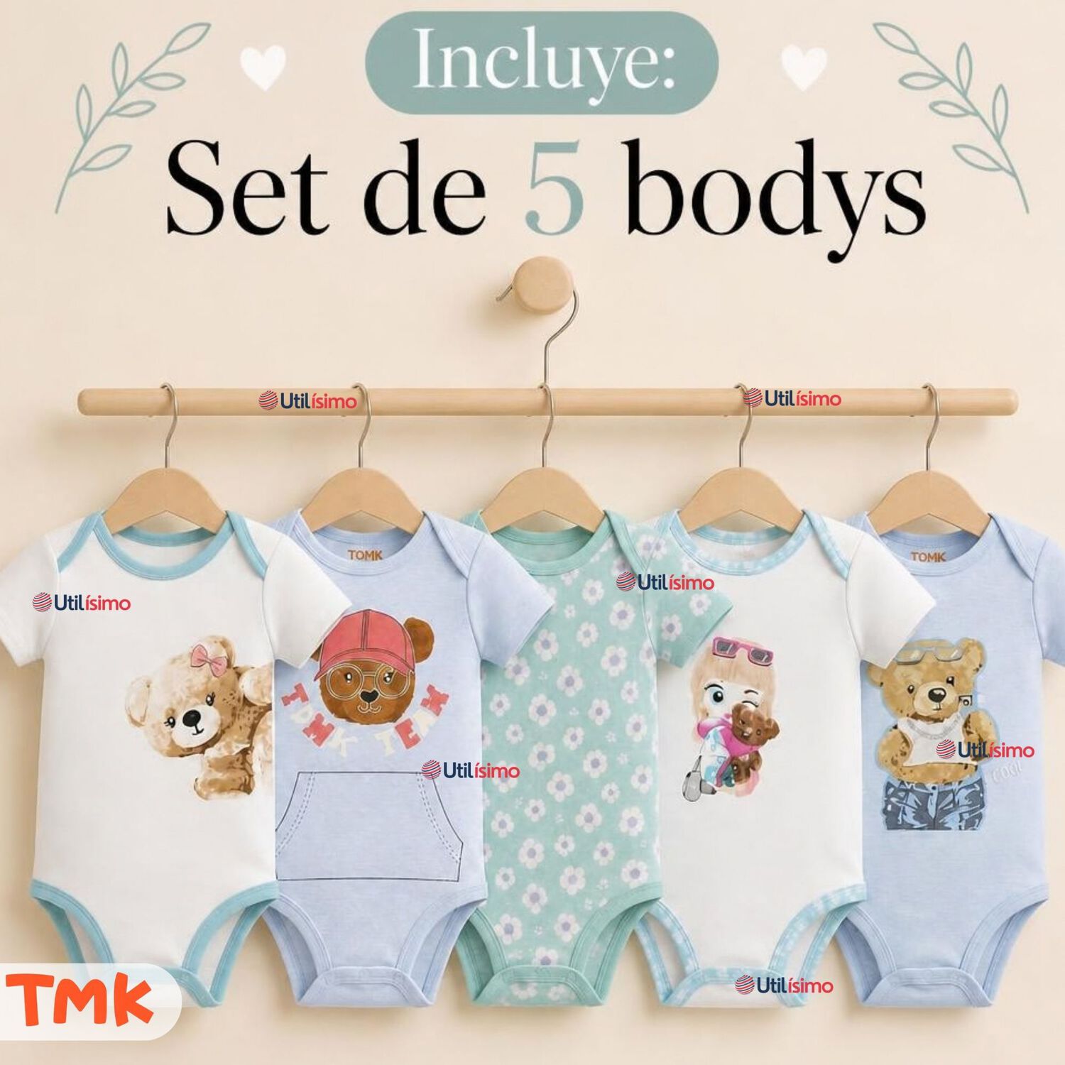 Pack 5 Bodys Manga Corta 100% Algod&oacute;n Tedmimak Ni&ntilde;a Cuddly Bears image number 1.0