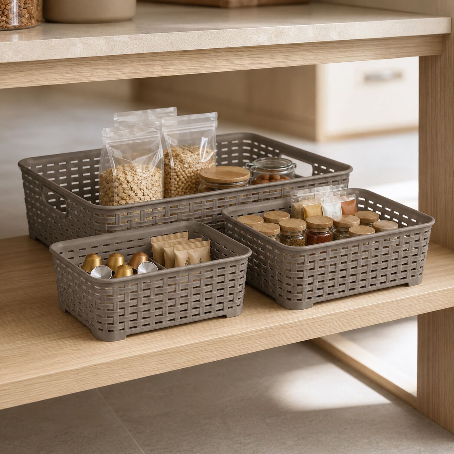 Set De 3 Canastillas Canastas Organizadores Multiusos Tavarua Reyplast Color Taupe image number 5.0
