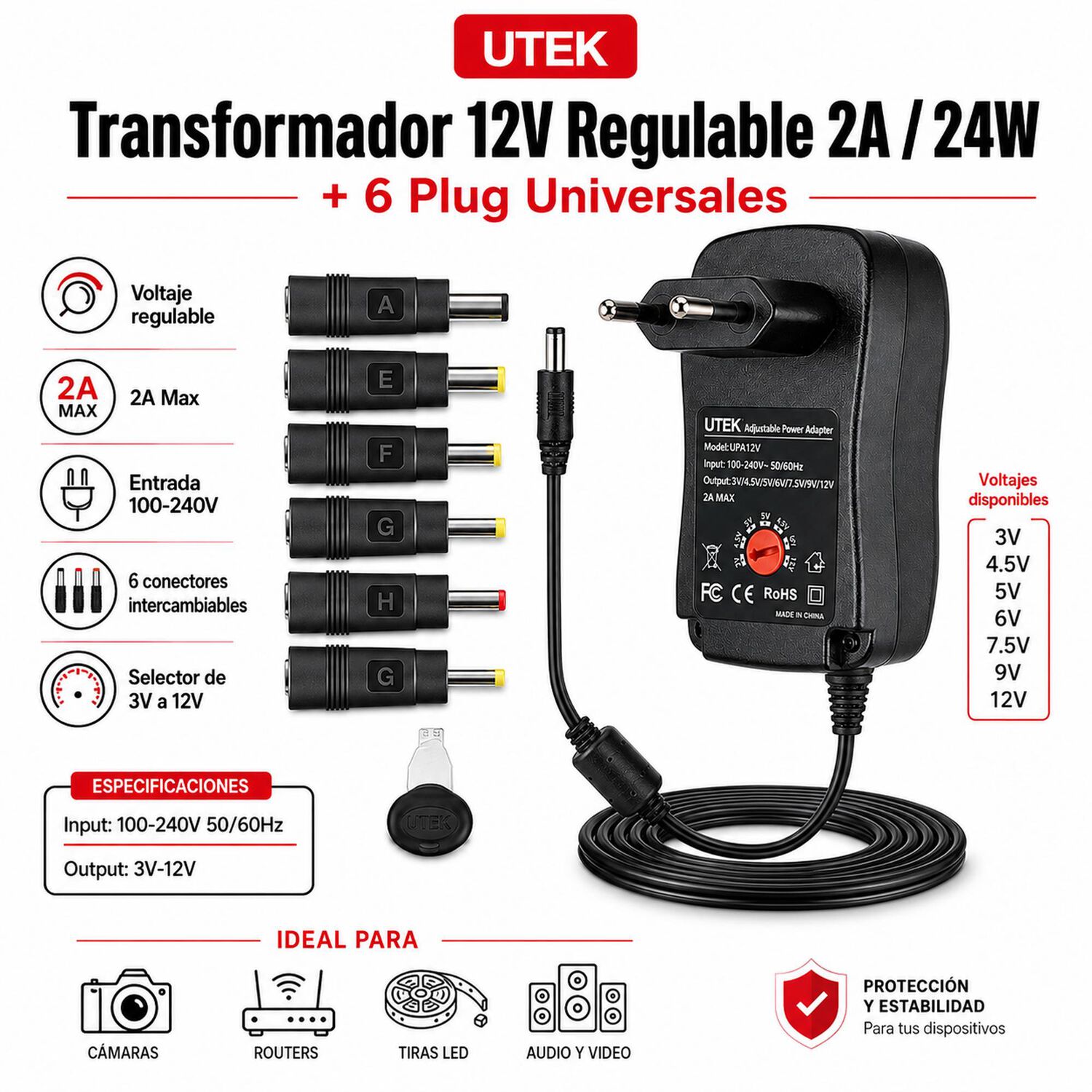 Transformador 12v Regulables 2a / 24w + 6 Plug Universales image number 5.0