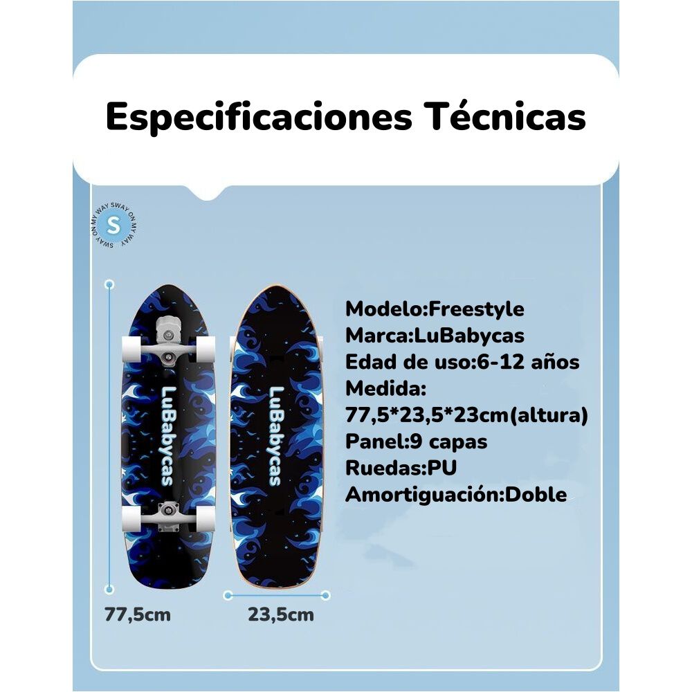 Skate Patineta De Madera Con Luces Freestyle Azul Lubabycas image number 5.0