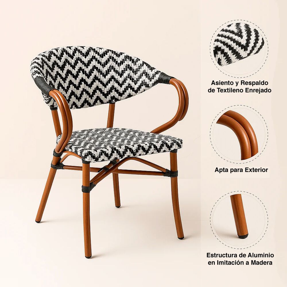 Pack De 4 Sillas Bistro Parisina Textileno Enrejado Con Reposabrazos - Blanca Con Negro image number 4.0