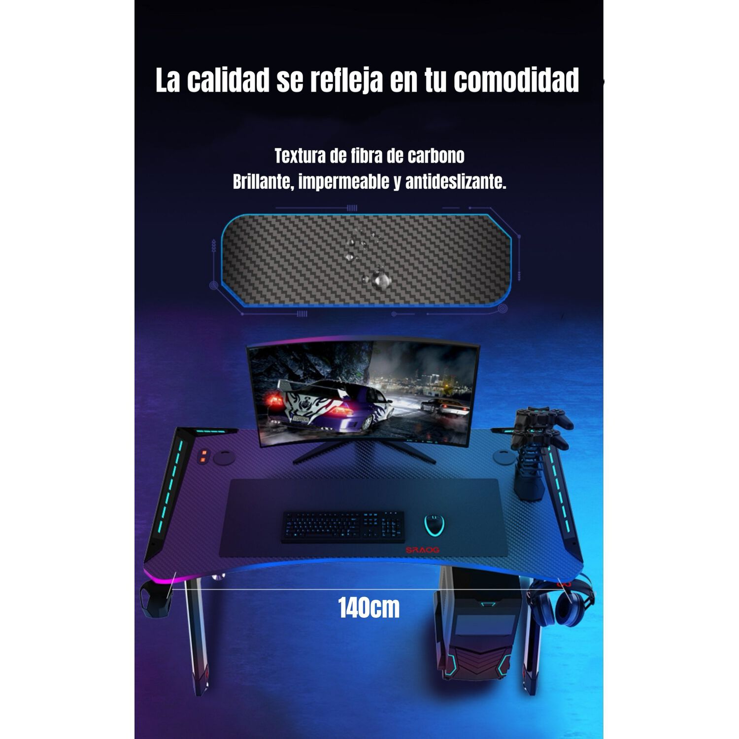 Escritorio Gamer Con Luces 140x60x73cm Negro By Lubabycas image number 3.0