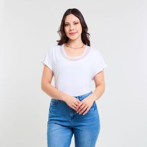 Polera Lisa Manga Corta Cuello Redondo Con Aplicación Lace Mujer Sexy Large