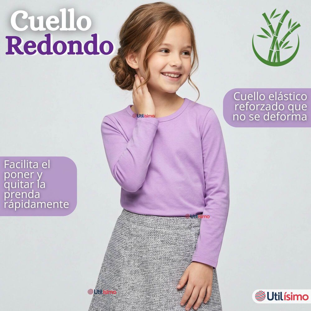 Camiseta Polera Bamb&uacute; Cuello Redondo Lila Primera Capa Manga Larga Ni&ntilde;a image number 7.0