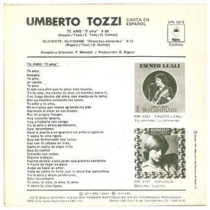 Umberto Tozzi - Te Amo (en Espa&ntilde;ol) | 7" Single Vinilo Usado