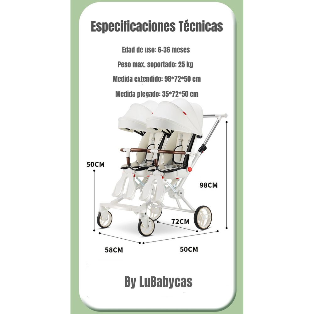 Coche Doble Con Mesita De Comer Reclinable Blanco Lubabycas image number 7.0