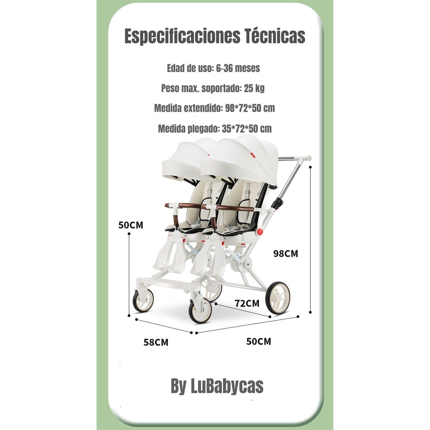 Coche Doble Con Mesita De Comer Reclinable Blanco Lubabycas image number 7.0