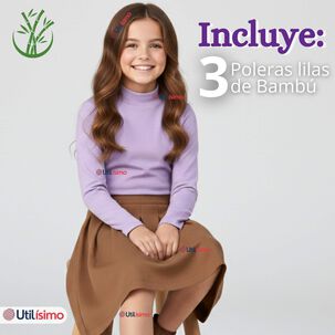 Pack 3 Poleras Camisetas Bamb&uacute; Lilas Cuello Beatle Primera Capa Manga Larga Ni&ntilde;a