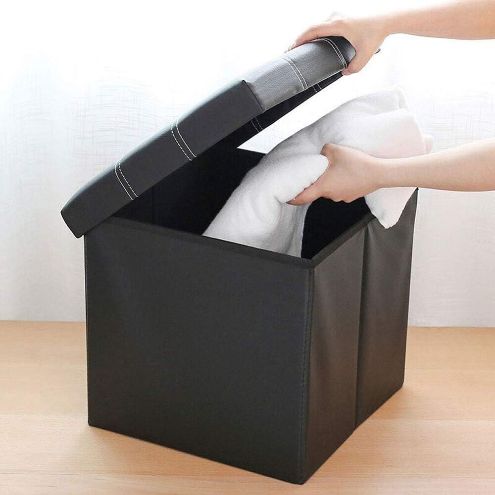 Puff Plegable Negro Almacenamiento Ecocuero 38cm Multifuncional image number 1.0