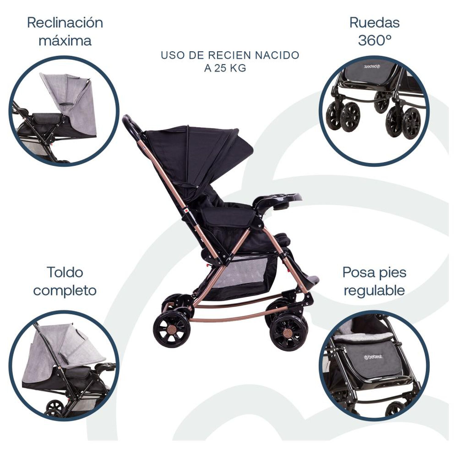 Coche Cuna Paseo Bebesit Balancin Sx Negro Dorado image number 8.0